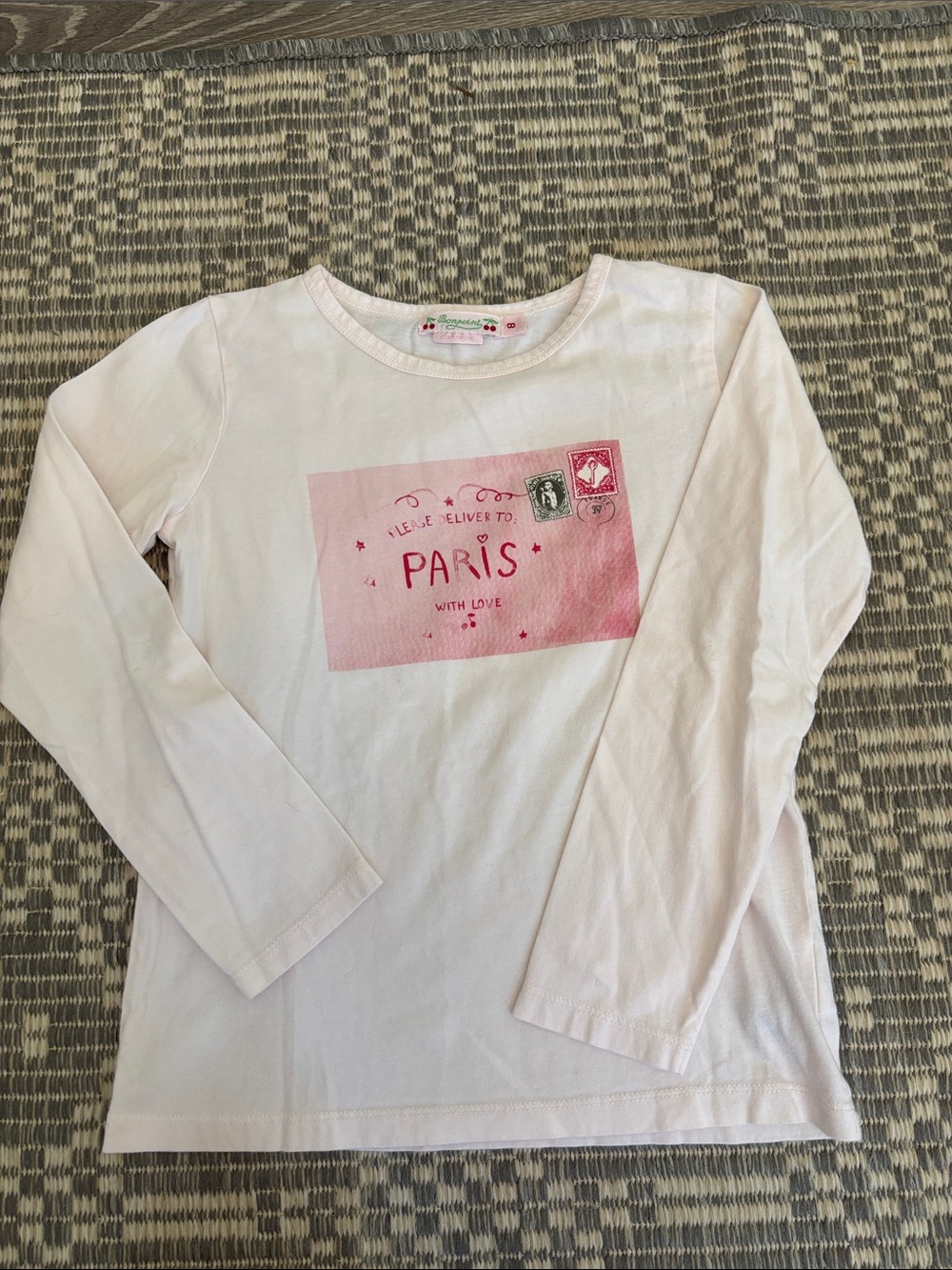 Girls Bonpoint Light Pink Long-Sleeve Tee with 'Paris' Postcard Graphic